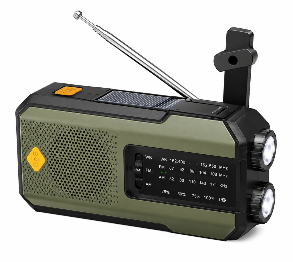 Radio d'Urgence Solaire 5-en-1 – Manivelle, Lampe LED, Batterie Externe & AM/FM