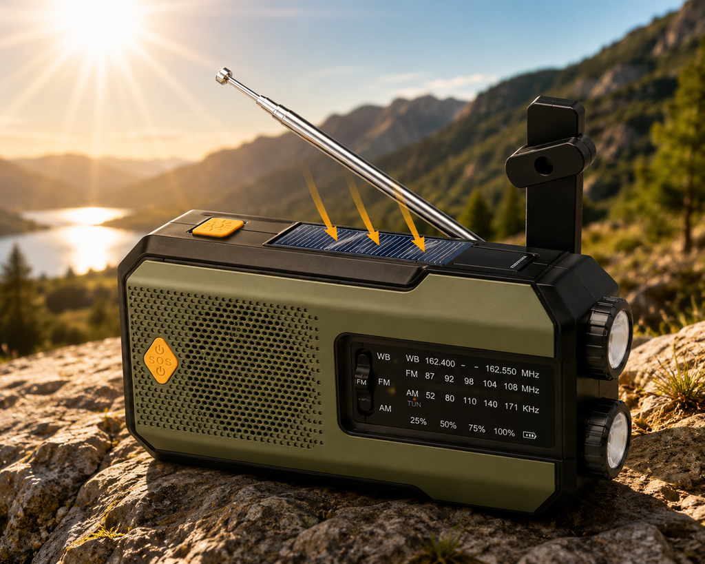Radio d'Urgence Solaire 5-en-1 – Manivelle, Lampe LED, Batterie Externe & AM/FM