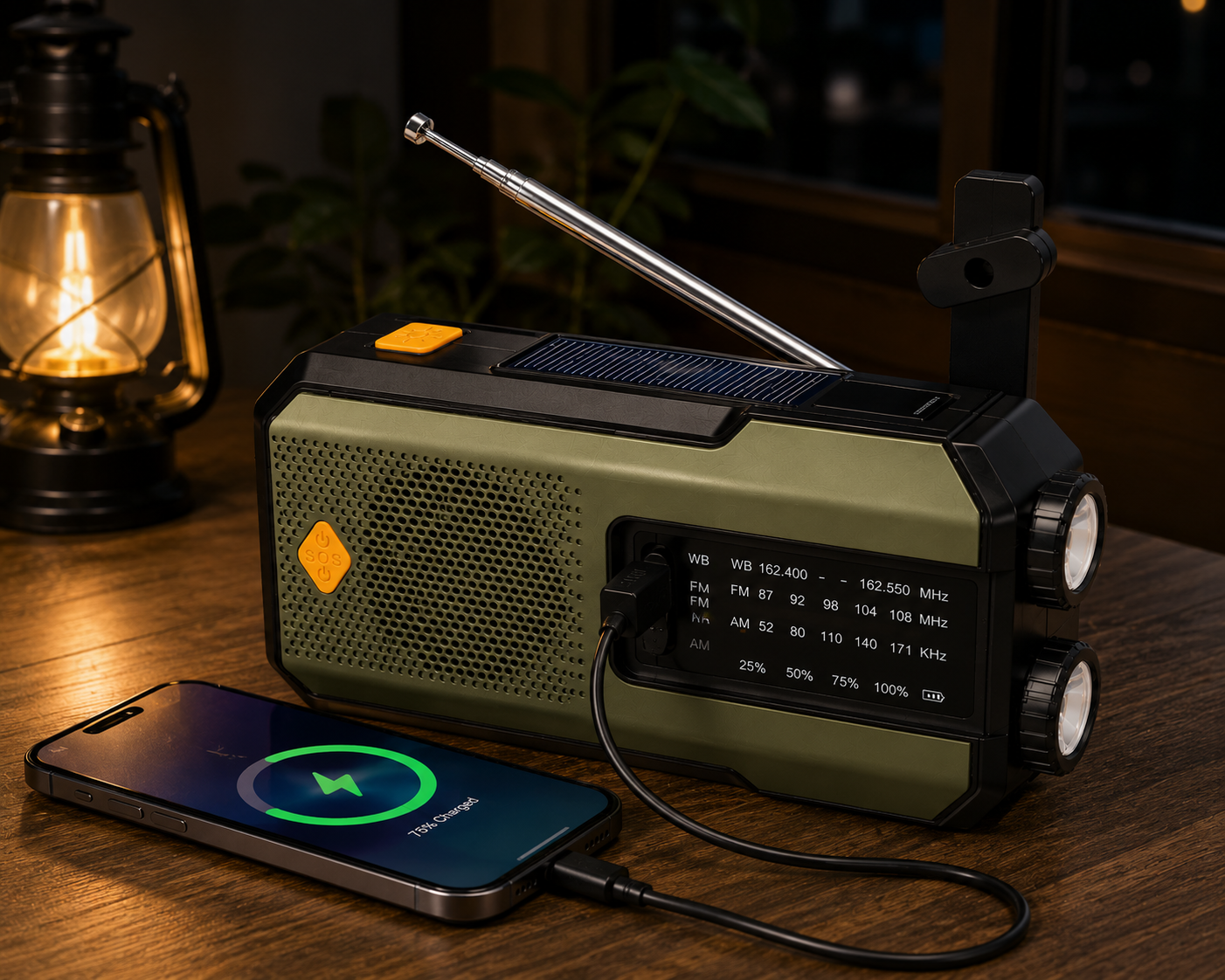 Radio d'Urgence Solaire 5-en-1 – Manivelle, Lampe LED, Batterie Externe & AM/FM