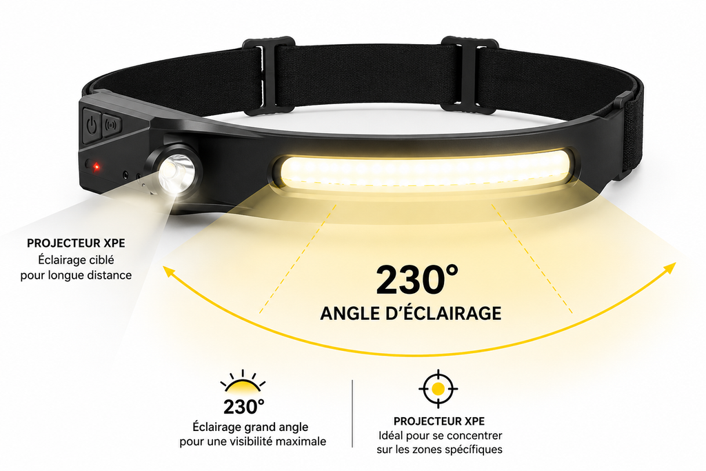 Lampe Frontale LED Rechargeable 230°