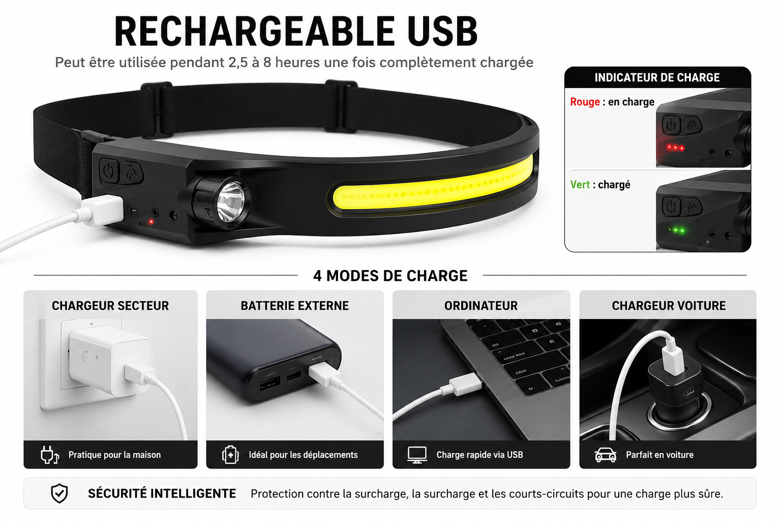 Lampe Frontale LED Rechargeable 230°