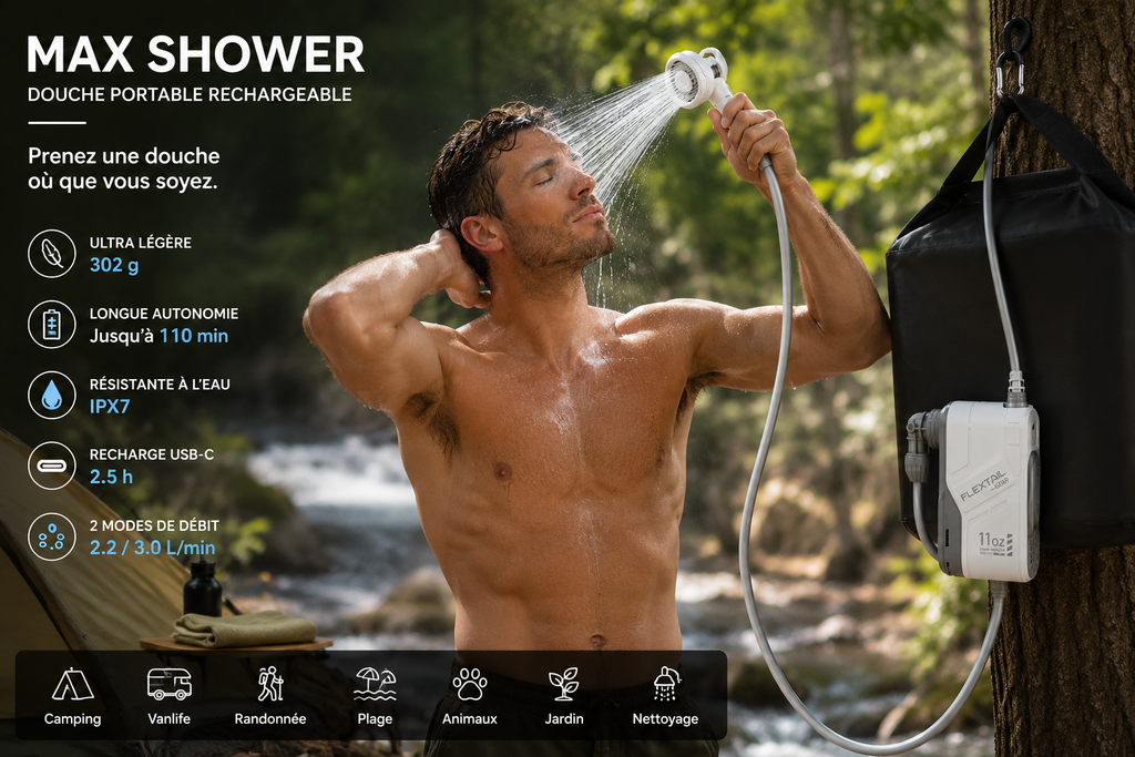 Douche Portable Rechargeable USB-C IPX7 – Pompe de Camping Haute Pression
