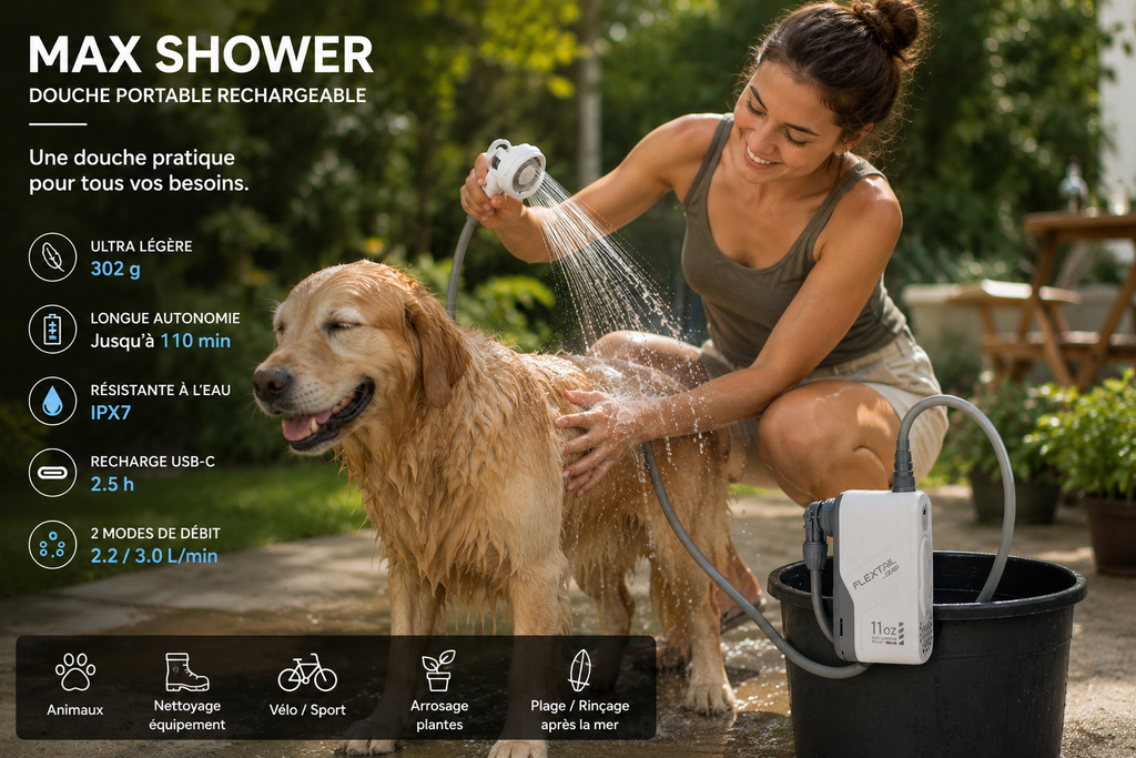 Douche Portable Rechargeable USB-C IPX7 – Pompe de Camping Haute Pression
