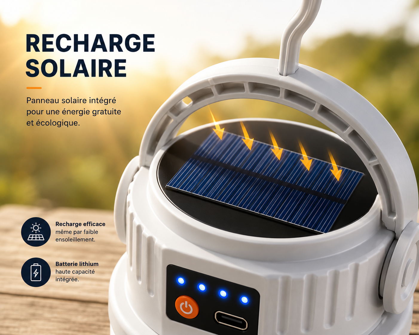 Lampe Solaire de Camping Multifonction Rechargeable USB-C
