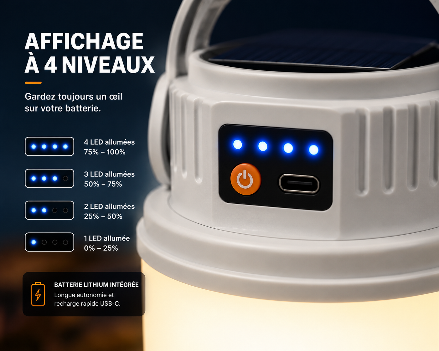 Lampe Solaire de Camping Multifonction Rechargeable USB-C