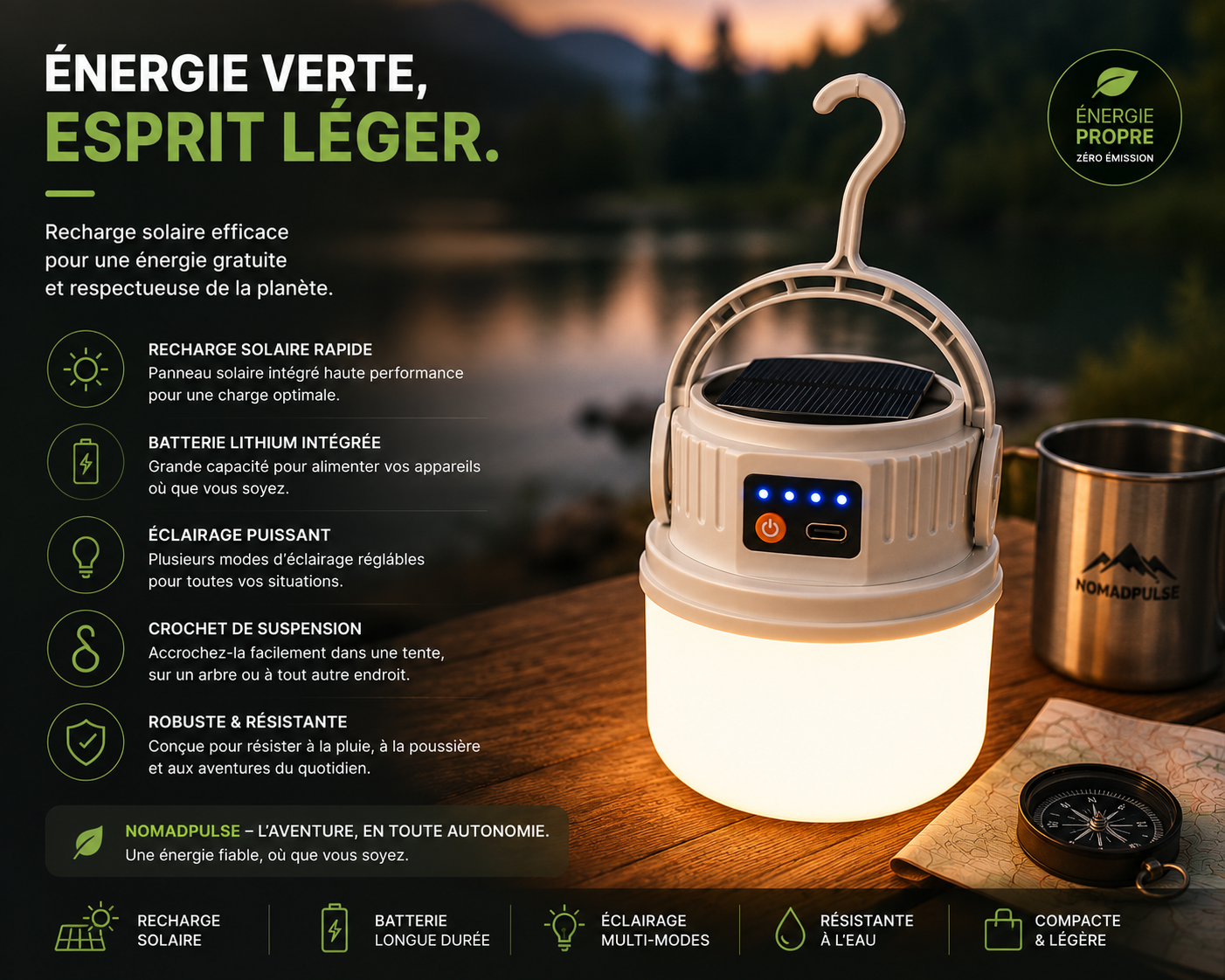 Lampe Solaire de Camping Multifonction Rechargeable USB-C