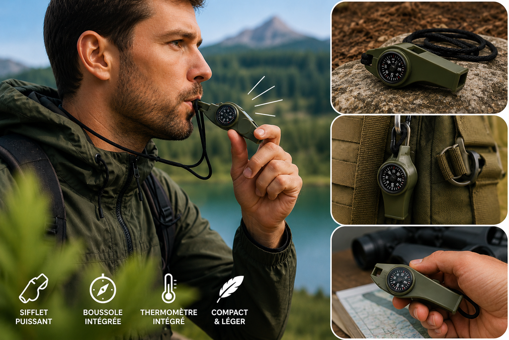 Sifflet de Survie 3-en-1 NomadPulse – Boussole & Thermomètre