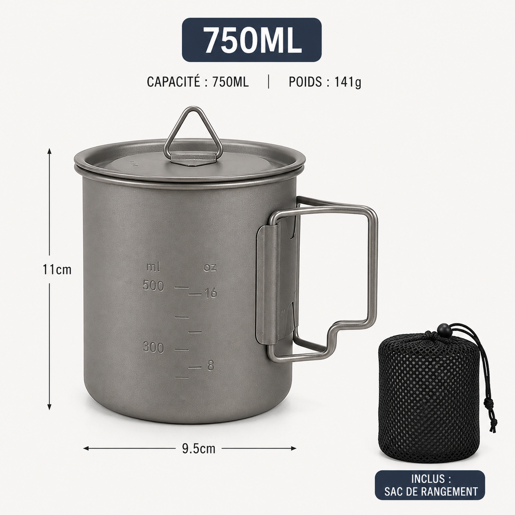 Mug de Camping en Titane TA1 – Ultraléger & Poignée Pliable | NomadPulse