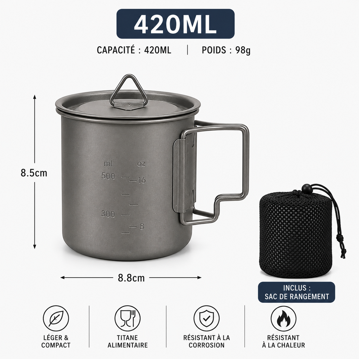 Mug de Camping en Titane TA1 – Ultraléger & Poignée Pliable | NomadPulse