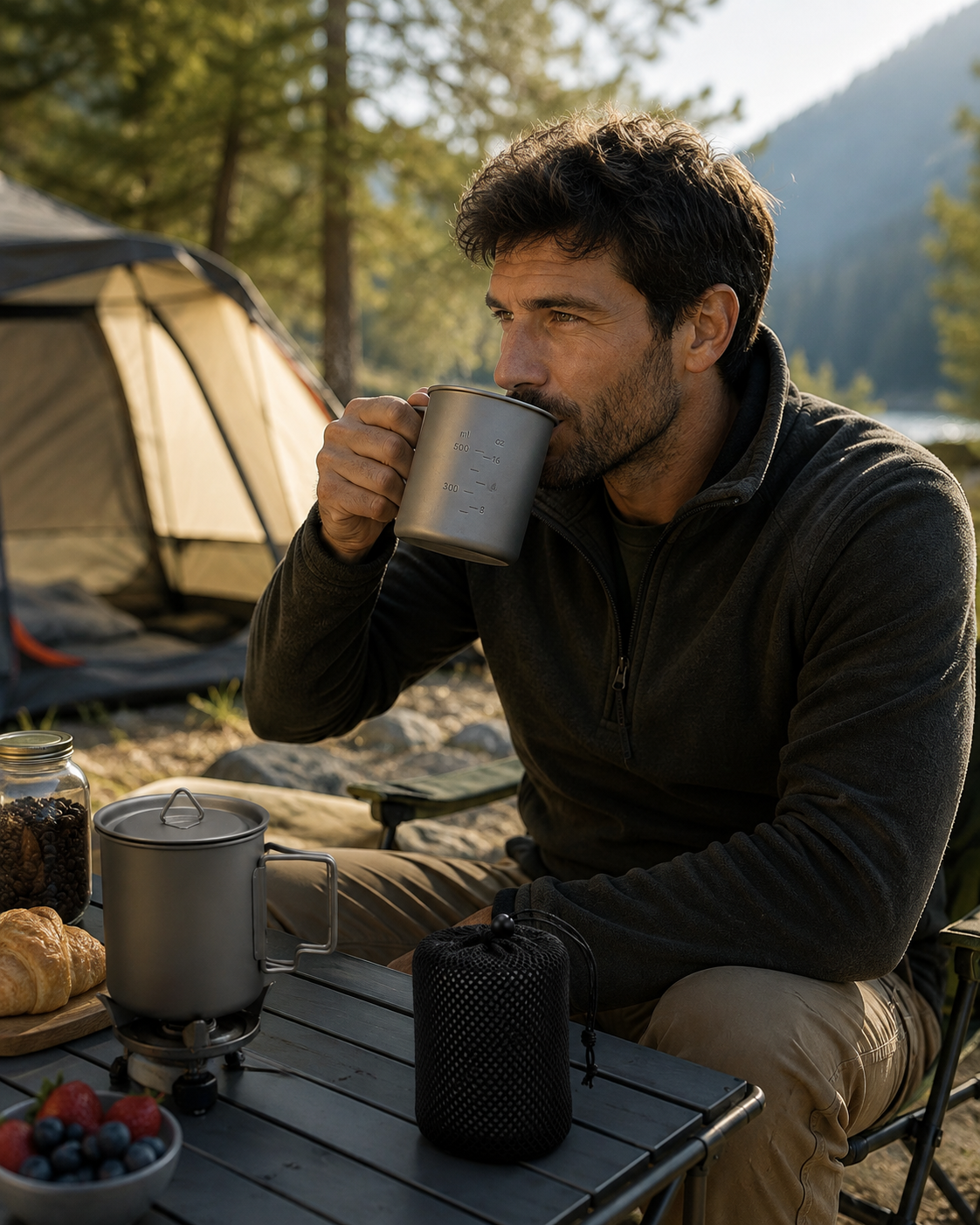 Mug de Camping en Titane TA1 – Ultraléger & Poignée Pliable | NomadPulse