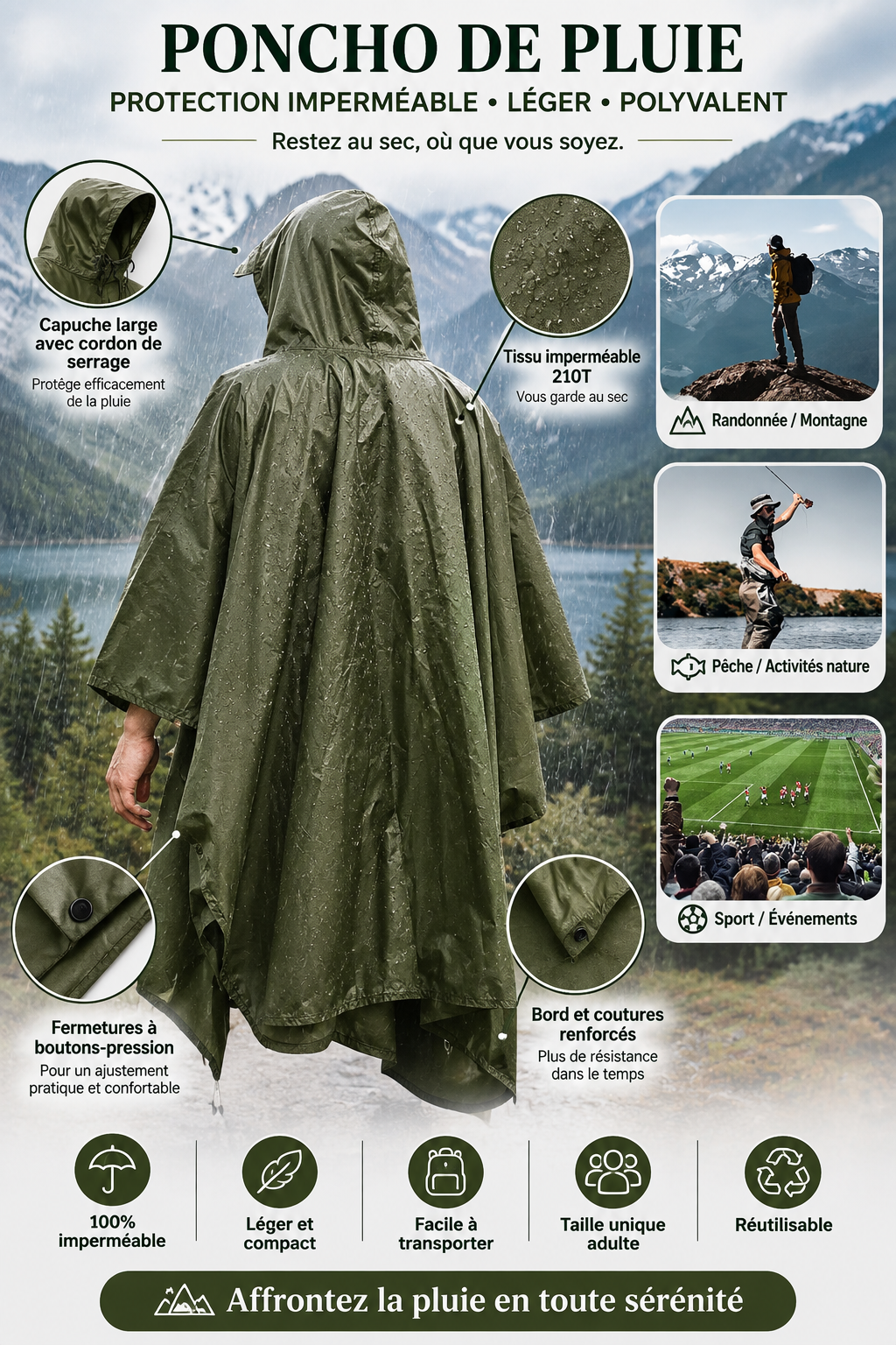 Poncho de Pluie 3-en-1 – Imperméable, Bâche & Abri Outdoor | NomadPulse