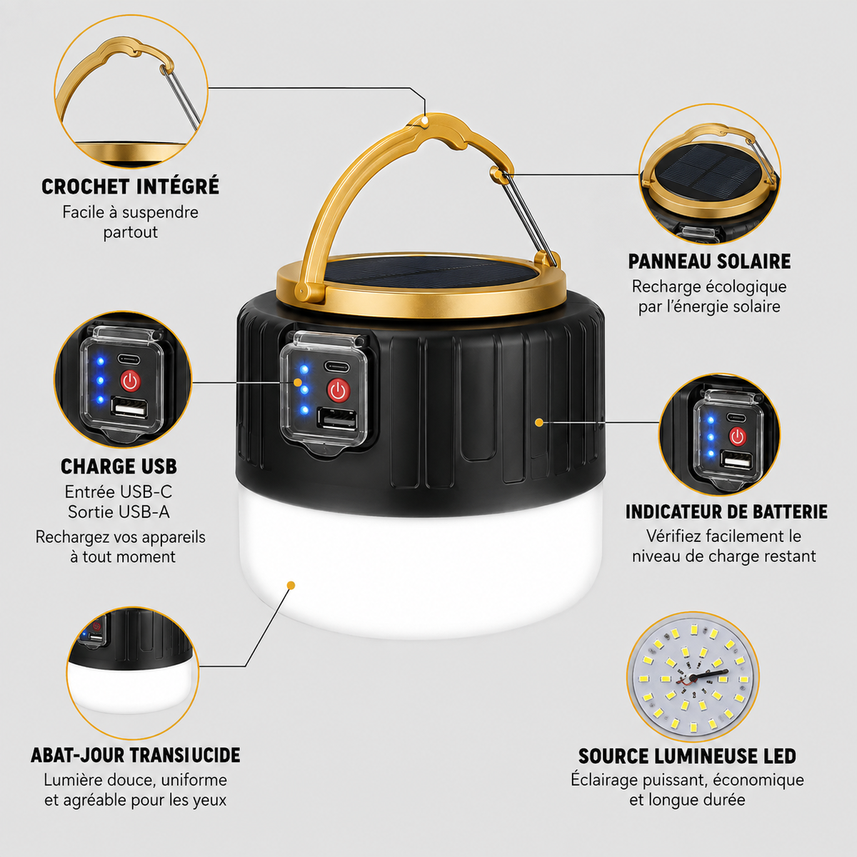 Lanterne de Camping LED Rechargeable & Solaire – Power Bank