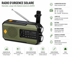 Radio d'Urgence Solaire 5-en-1 – Manivelle, Lampe LED, Batterie Externe & AM/FM