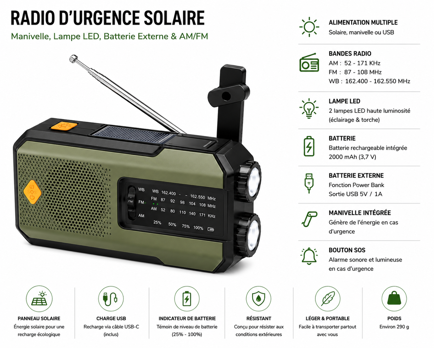 Radio d'Urgence Solaire 5-en-1 – Manivelle, Lampe LED, Batterie Externe & AM/FM